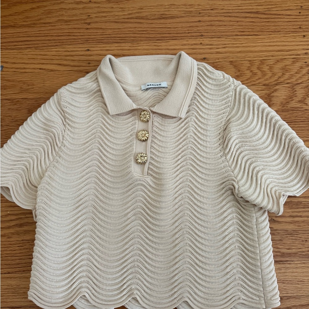Sandro Campea Wavy Knit Cropped Polo Sweater